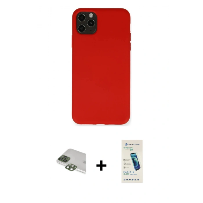 MARSİLYAN™- iPhone 11 Pro Max Kılıf Ahenk Serisi - Şeffaf Pasifik Cam Ekran Koruyucu + Yeşil Pers Alüminyum Kamera Lens