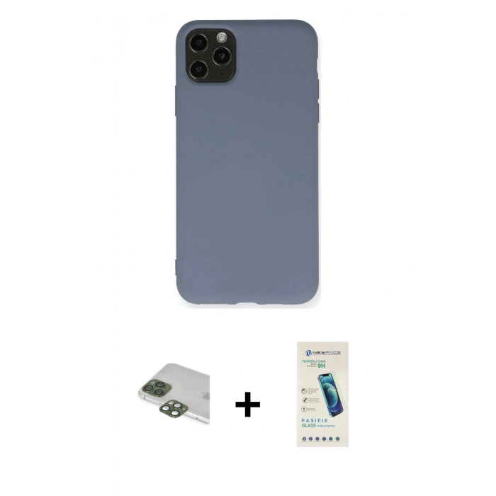 MARSİLYAN™- iPhone 11 Pro Max Kılıf Ahenk Serisi - Şeffaf Pasifik Cam Ekran Koruyucu + Yeşil Pers Alüminyum Kamera Lens