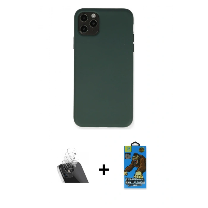 MARSİLYAN™- iPhone 11 Pro Max Kılıf Ahenk Serisi - Siyah 18D Cam Ekran Koruyucu + Kamera Lens Koruma Cam - SF