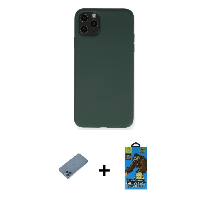 MARSİLYAN™- iPhone 11 Pro Max Kılıf Ahenk Serisi - Siyah 18D Cam Ekran Koruyucu + Shine Kamera Lens Koruma Cam - MI