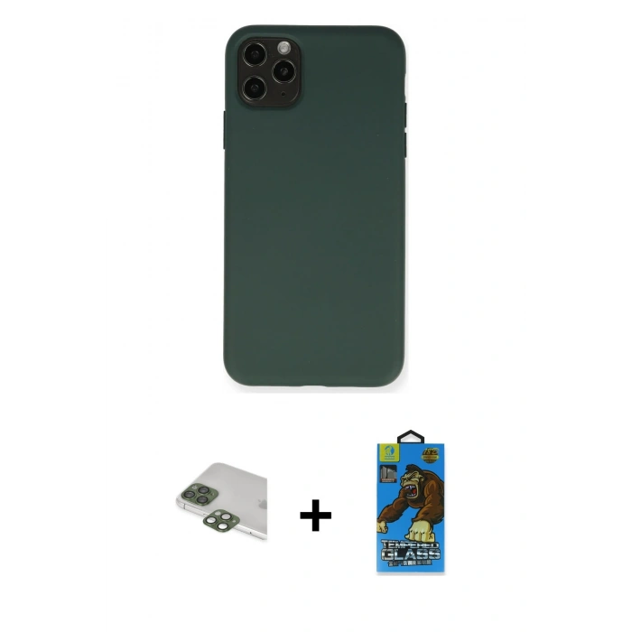 MARSİLYAN™- iPhone 11 Pro Max Kılıf Ahenk Serisi - Siyah 18D Cam Ekran Koruyucu + Pers Alüminyum Kamera Lens - YL