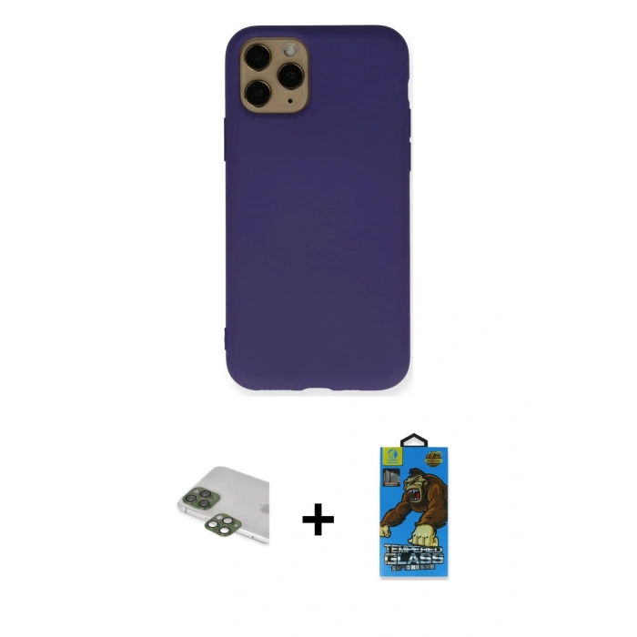 MARSİLYAN™- iPhone 11 Pro Max Kılıf Ahenk Serisi - Siyah 18D Cam Ekran Koruyucu + Pers Alüminyum Kamera Lens - YL