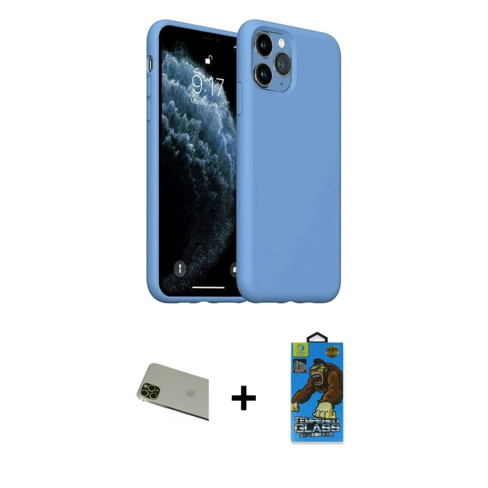 MARSİLYAN™- iPhone 11 Pro Max Kılıf Ahenk Serisi - Siyah 18D Cam Ekran Koruyucu + Yeşil Rainbow Kamera Lens Koruma Cam
