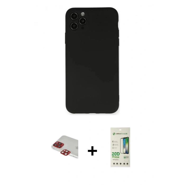 MARSİLYAN™- iPhone 11 Pro Max Kılıf Ahenk Serisi - Siyah 20D Premium Cam Ekran Koruyucu + Kırmızı Pers Alüminyum Kamera Lens