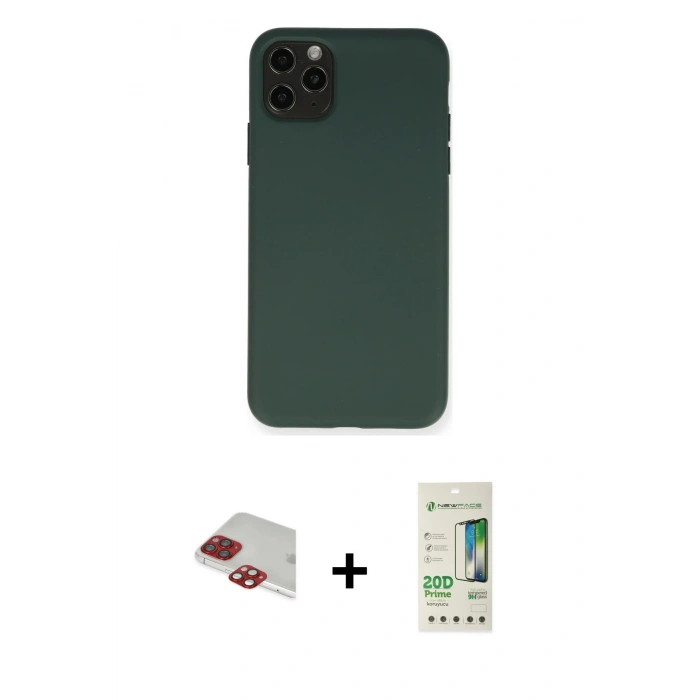 MARSİLYAN™- iPhone 11 Pro Max Kılıf Ahenk Serisi - Siyah 20D Premium Cam Ekran Koruyucu + Kırmızı Pers Alüminyum Kamera Lens
