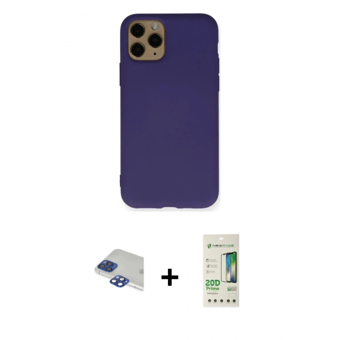 MARSİLYAN™- iPhone 11 Pro Max Kılıf Ahenk Serisi - Siyah 20D Premium Cam Ekran Koruyucu + Lacivert Pers Alüminyum Kamera Lens