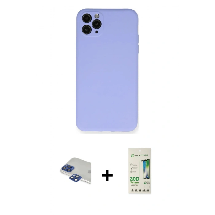 MARSİLYAN™- iPhone 11 Pro Max Kılıf Ahenk Serisi - Siyah 20D Premium Cam Ekran Koruyucu + Lacivert Pers Alüminyum Kamera Lens