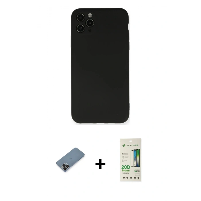 MARSİLYAN™- iPhone 11 Pro Max Kılıf Ahenk Serisi - Siyah 20D Premium Cam Ekran Koruyucu + Metal Kamera Lens Koruma Cam - SH