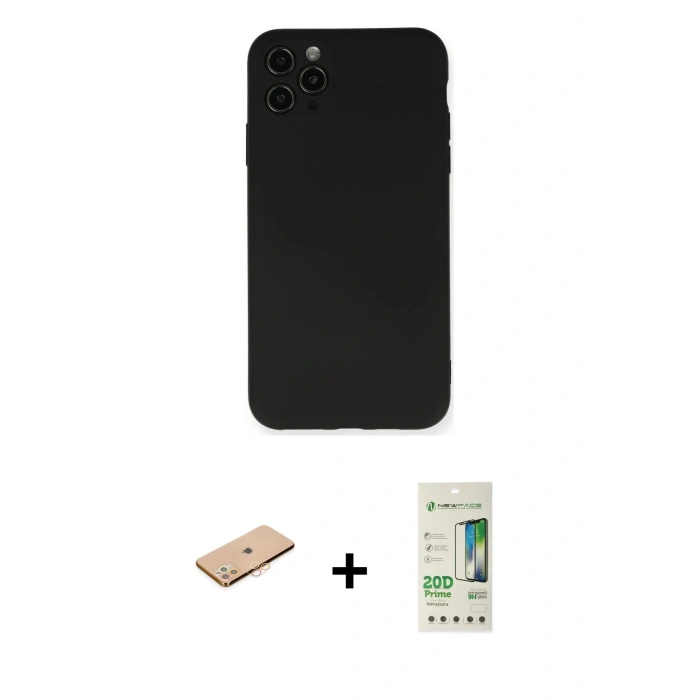 MARSİLYAN™- iPhone 11 Pro Max Kılıf Ahenk Serisi - Siyah 20D Premium Cam Ekran Koruyucu + Renkli Kamera Lens Koruma Cam - TU