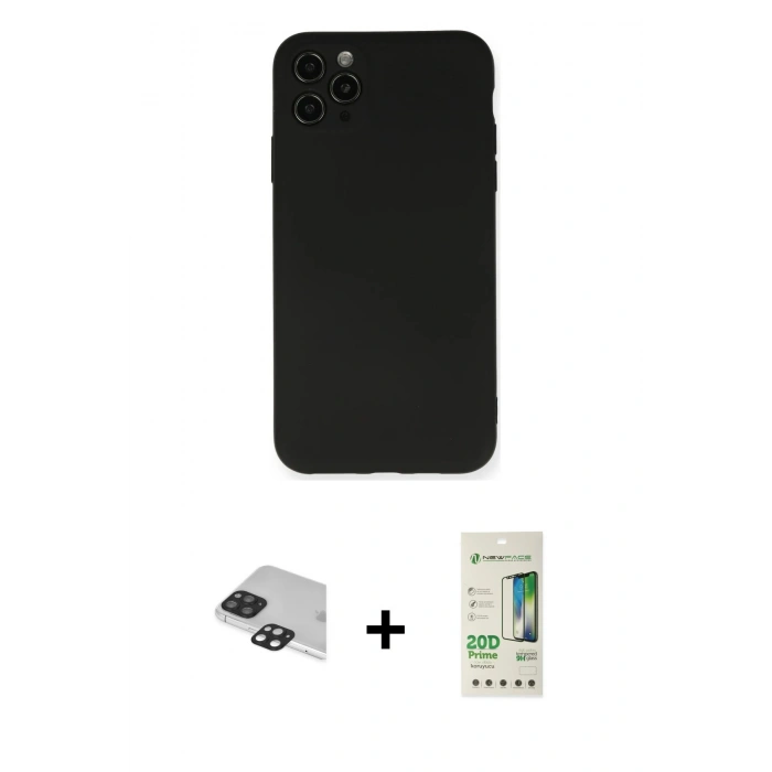 MARSİLYAN™- iPhone 11 Pro Max Kılıf Ahenk Serisi - Siyah 20D Premium Cam Ekran Koruyucu + Pers Alüminyum Kamera Lens - SH