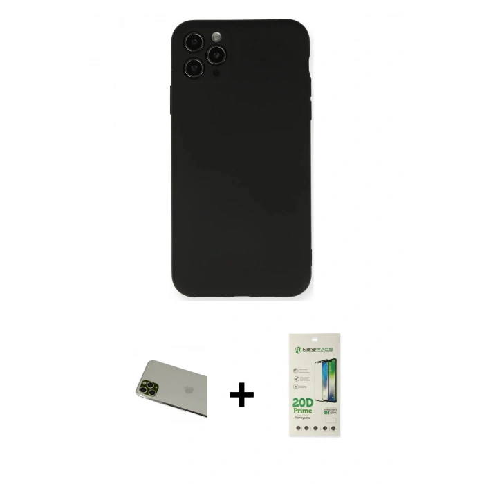 MARSİLYAN™- iPhone 11 Pro Max Kılıf Ahenk Serisi - Siyah 20D Premium Cam Ekran Koruyucu + Rainbow Kamera Lens Koruma Cam - YL