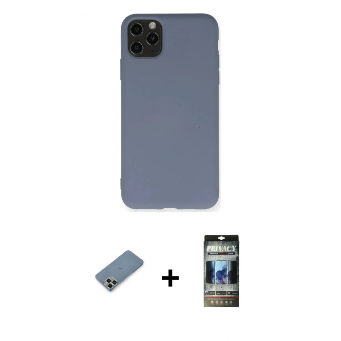 MARSİLYAN™- iPhone 11 Pro Max Kılıf Ahenk Serisi - Siyah 34D Hayalet Izgaralı Cam + Metal Kamera Lens Koruma Cam - AKYL