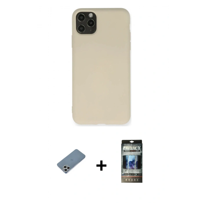 MARSİLYAN™- iPhone 11 Pro Max Kılıf Ahenk Serisi - Siyah 34D Hayalet Izgaralı Cam + Gümüş Shine Kamera Lens Koruma Cam