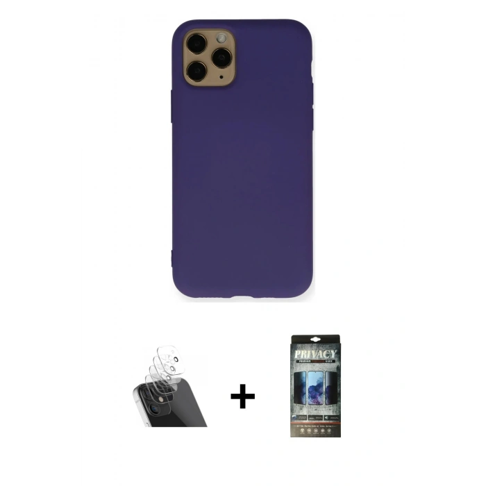 MARSİLYAN™- iPhone 11 Pro Max Kılıf Ahenk Serisi - Siyah 34D Hayalet Izgaralı Cam + Kamera Lens Koruma Cam - SF