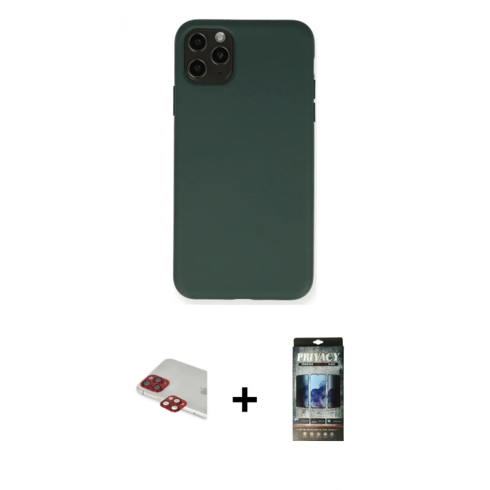 MARSİLYAN™- iPhone 11 Pro Max Kılıf Ahenk Serisi - Siyah 34D Hayalet Izgaralı Cam + Kırmızı Pers Alüminyum Kamera Lens