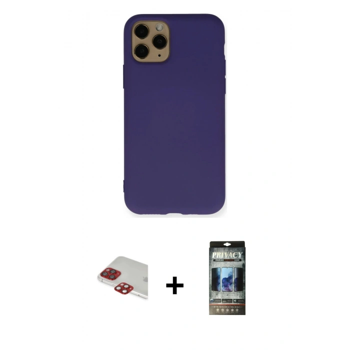 MARSİLYAN™- iPhone 11 Pro Max Kılıf Ahenk Serisi - Siyah 34D Hayalet Izgaralı Cam + Kırmızı Pers Alüminyum Kamera Lens