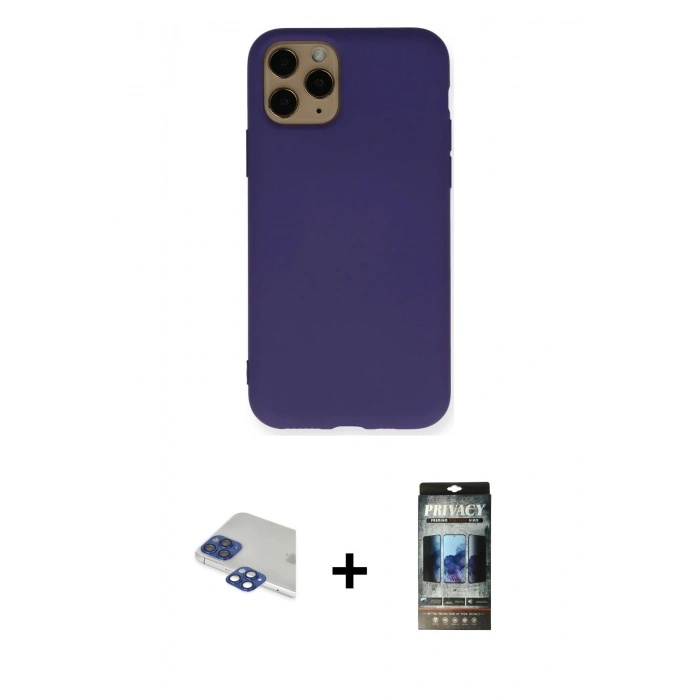 MARSİLYAN™- iPhone 11 Pro Max Kılıf Ahenk Serisi - Siyah 34D Hayalet Izgaralı Cam + Pers Alüminyum Kamera Lens - LT