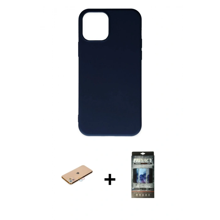 MARSİLYAN™- iPhone 11 Pro Max Kılıf Ahenk Serisi - Siyah 34D Hayalet Izgaralı Cam + Pembe Renkli Kamera Lens Koruma Cam