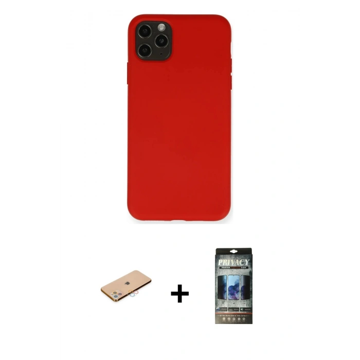 MARSİLYAN™- iPhone 11 Pro Max Kılıf Ahenk Serisi - Siyah 34D Hayalet Izgaralı Cam + Pembe Renkli Kamera Lens Koruma Cam