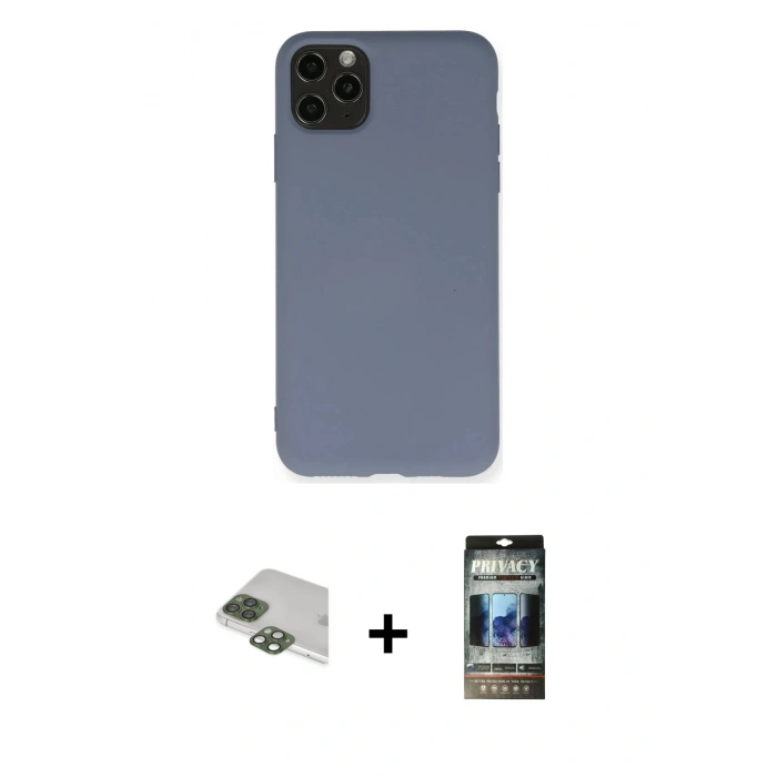 MARSİLYAN™- iPhone 11 Pro Max Kılıf Ahenk Serisi - Siyah 34D Hayalet Izgaralı Cam + Pers Alüminyum Kamera Lens - YL