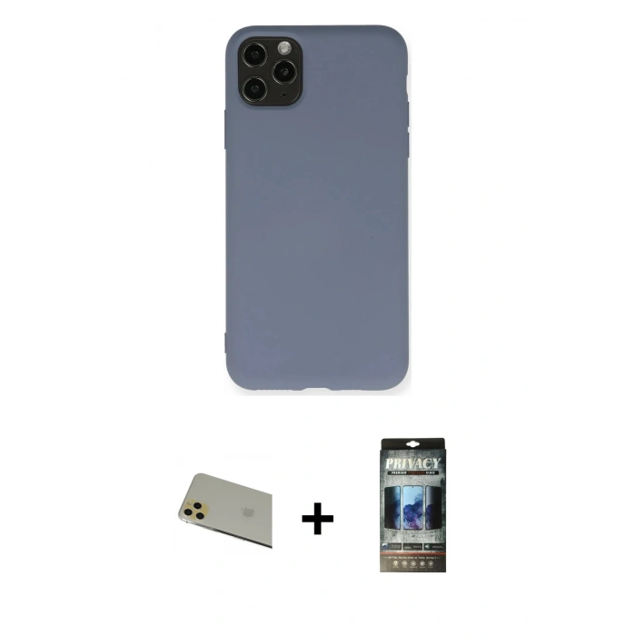 MARSİLYAN™- iPhone 11 Pro Max Kılıf Ahenk Serisi - Siyah 34D Hayalet Izgaralı Cam + Rainbow Kamera Lens Koruma Cam - GD