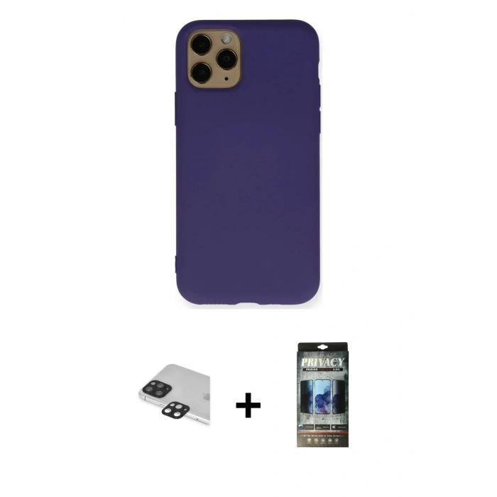 MARSİLYAN™- iPhone 11 Pro Max Kılıf Ahenk Serisi - Siyah 34D Hayalet Izgaralı Cam + Pers Alüminyum Kamera Lens - SH