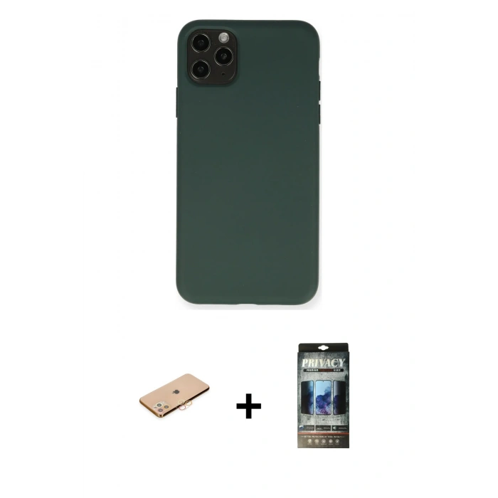MARSİLYAN™- iPhone 11 Pro Max Kılıf Ahenk Serisi - Siyah 34D Hayalet Izgaralı Cam + Renkli Kamera Lens Koruma Cam - TU