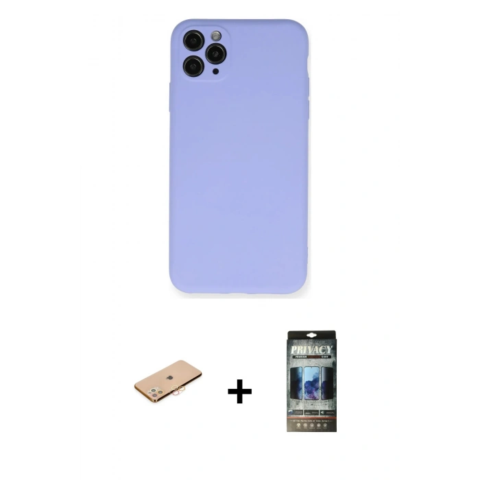 MARSİLYAN™- iPhone 11 Pro Max Kılıf Ahenk Serisi - Siyah 34D Hayalet Izgaralı Cam + Renkli Kamera Lens Koruma Cam - TU