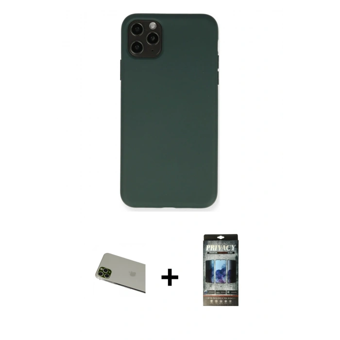 MARSİLYAN™- iPhone 11 Pro Max Kılıf Ahenk Serisi - Siyah 34D Hayalet Izgaralı Cam + Yeşil Rainbow Kamera Lens Koruma Cam