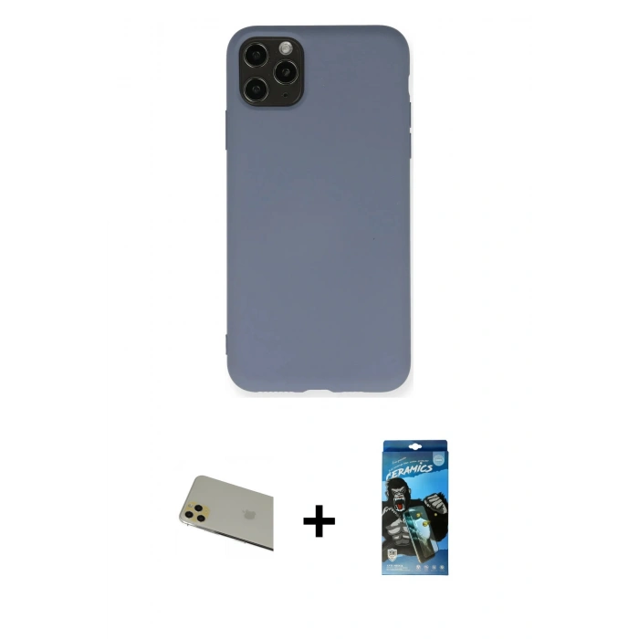 MARSİLYAN™- iPhone 11 Pro Max Kılıf Ahenk Serisi - Siyah 34D Izgaralı Cam + Rainbow Kamera Lens Koruma Cam - GD