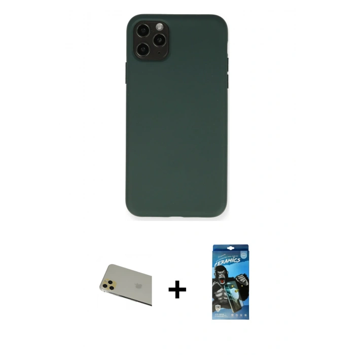MARSİLYAN™- iPhone 11 Pro Max Kılıf Ahenk Serisi - Siyah 34D Izgaralı Cam + Rainbow Kamera Lens Koruma Cam - GD