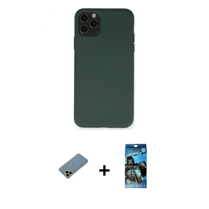 MARSİLYAN™- iPhone 11 Pro Max Kılıf Ahenk Serisi - Siyah 34D Izgaralı Cam + Shine Kamera Lens Koruma Cam - GD