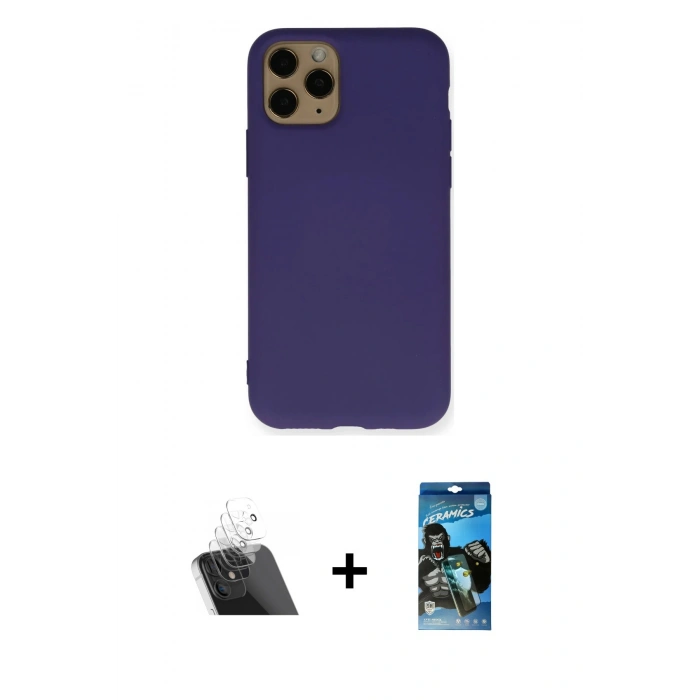 MARSİLYAN™- iPhone 11 Pro Max Kılıf Ahenk Serisi - Siyah 34D Izgaralı Cam + Kamera Lens Koruma Cam - SF