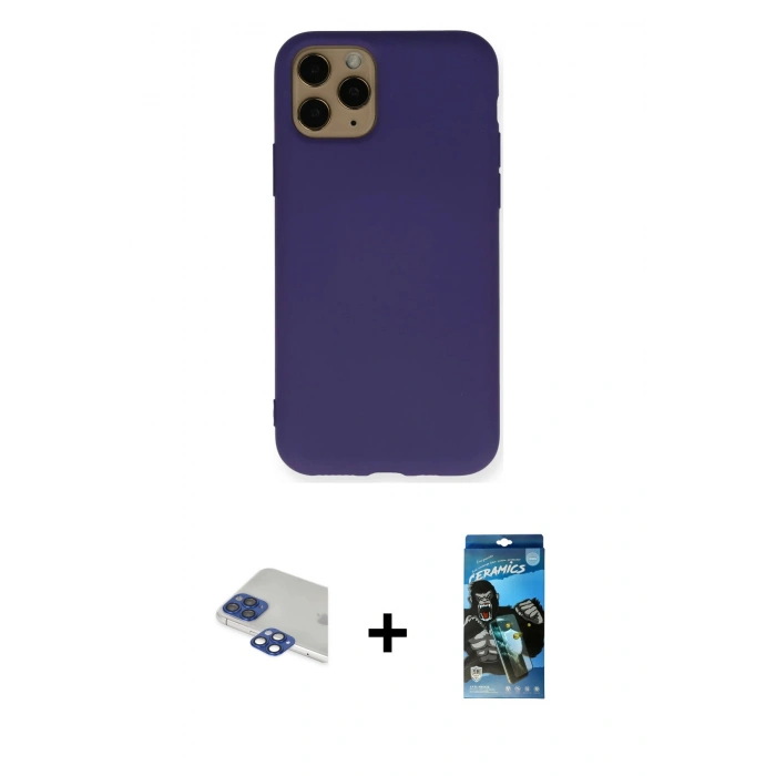 MARSİLYAN™- iPhone 11 Pro Max Kılıf Ahenk Serisi - Siyah 34D Izgaralı Cam + Pers Alüminyum Kamera Lens - LT