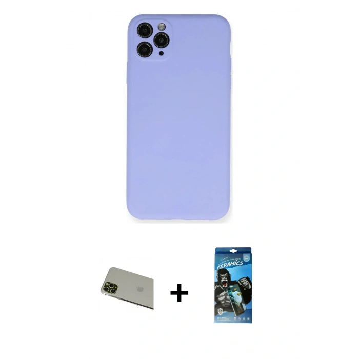 MARSİLYAN™- iPhone 11 Pro Max Kılıf Ahenk Serisi - Siyah 34D Izgaralı Cam + Rainbow Kamera Lens Koruma Cam - YL