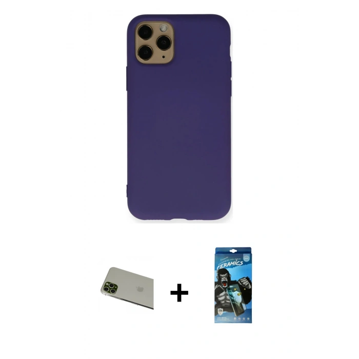 MARSİLYAN™- iPhone 11 Pro Max Kılıf Ahenk Serisi - Siyah 34D Izgaralı Cam + Rainbow Kamera Lens Koruma Cam - YL