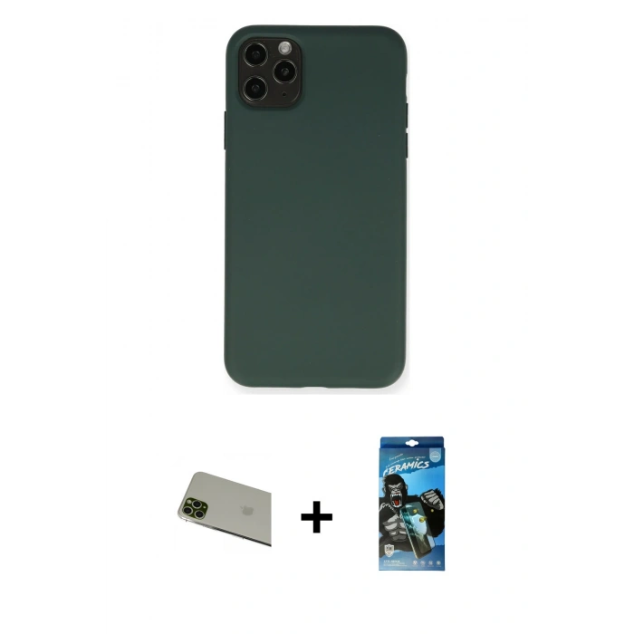 MARSİLYAN™- iPhone 11 Pro Max Kılıf Ahenk Serisi - Siyah 34D Izgaralı Cam + Rainbow Kamera Lens Koruma Cam - YL