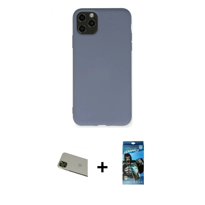 MARSİLYAN™- iPhone 11 Pro Max Kılıf Ahenk Serisi - Siyah 34D Izgaralı Cam + Rainbow Kamera Lens Koruma Cam - YL
