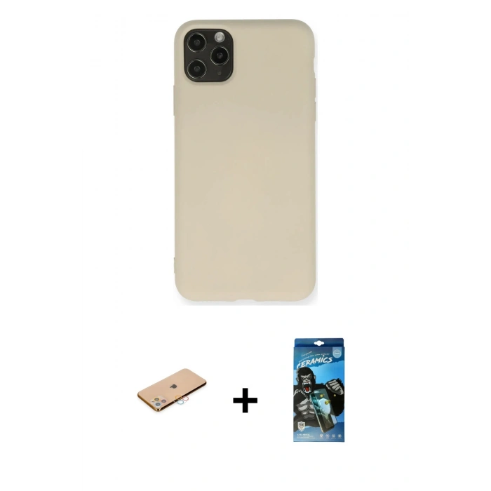 MARSİLYAN™- iPhone 11 Pro Max Kılıf Ahenk Serisi - Siyah 34D Izgaralı Cam + Renkli Kamera Lens Koruma Cam - PE