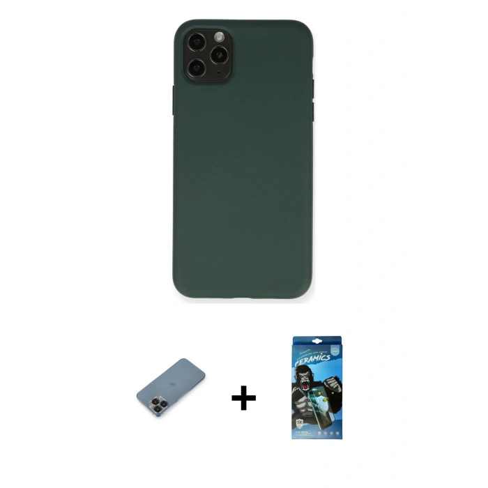 MARSİLYAN™- iPhone 11 Pro Max Kılıf Ahenk Serisi - Siyah 34D Izgaralı Cam + Metal Kamera Lens Koruma Cam - SH