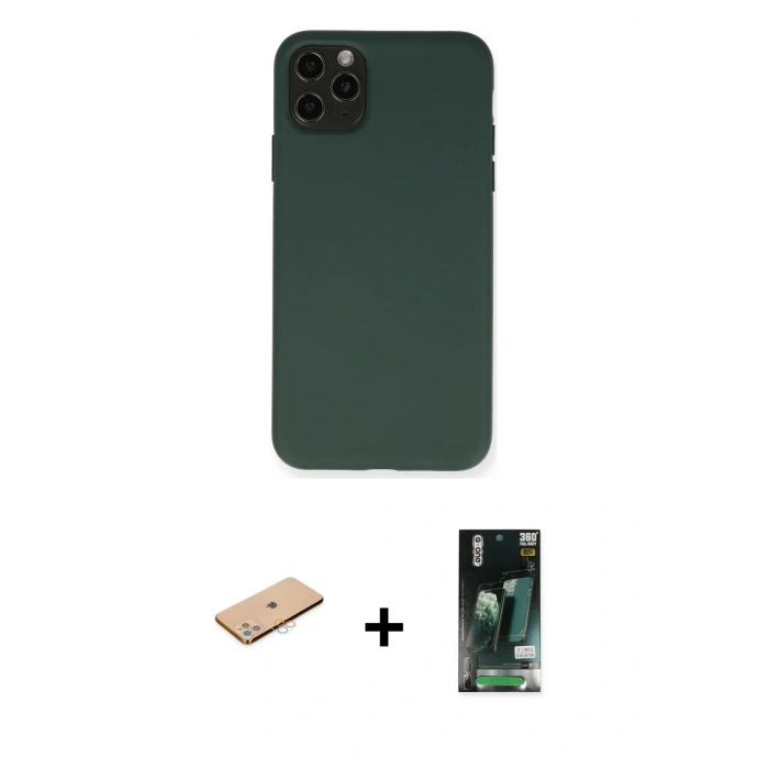 MARSİLYAN™- iPhone 11 Pro Max Kılıf Ahenk Serisi - Siyah 360 Mat Full Body Arka Koruyucu + Renkli Kamera Lens Koruma Cam - PE