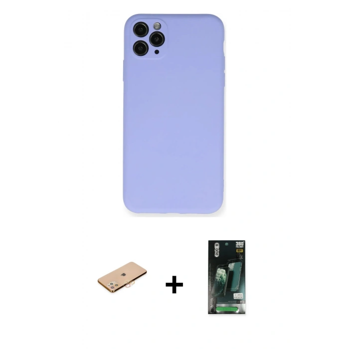 MARSİLYAN™- iPhone 11 Pro Max Kılıf Ahenk Serisi - Siyah 360 Mat Full Body Arka Koruyucu + Renkli Kamera Lens Koruma Cam - TU