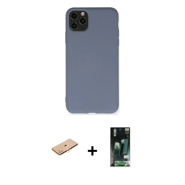 MARSİLYAN™- iPhone 11 Pro Max Kılıf Ahenk Serisi - Siyah 360 Mat Full Body Arka Koruyucu + Renkli Kamera Lens Koruma Cam - TU