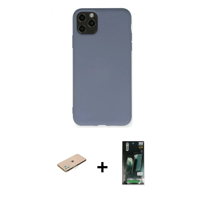 MARSİLYAN™- iPhone 11 Pro Max Kılıf Ahenk Serisi - Siyah 360 Mat Full Body Arka Koruyucu + Renkli Kamera Lens Koruma Cam - YL