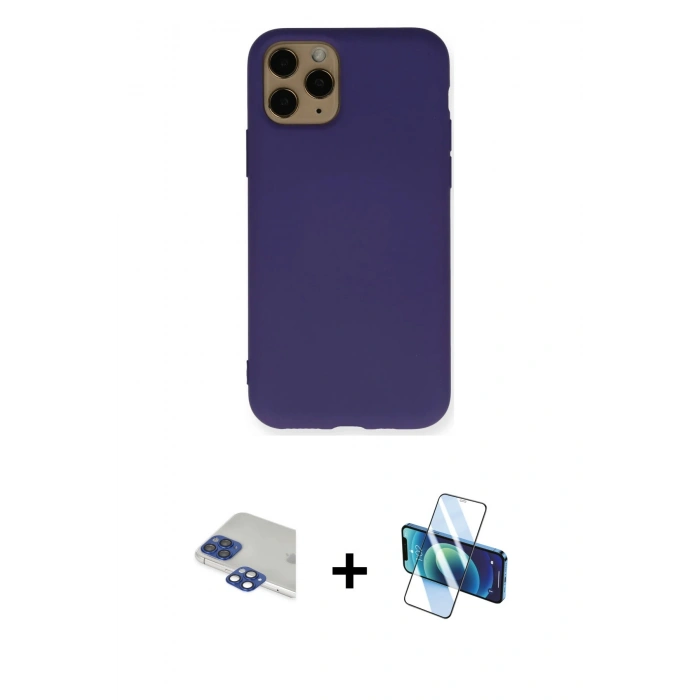 MARSİLYAN™- iPhone 11 Pro Max Kılıf Ahenk Serisi - Siyah 3D Antistatik Cam Ekran Koruyucu + Pers Alüminyum Kamera Lens - LT