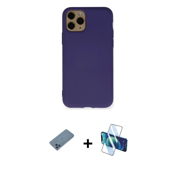 MARSİLYAN™- iPhone 11 Pro Max Kılıf Ahenk Serisi - Siyah 3D Antistatik Cam Ekran Koruyucu + Shine Kamera Lens Koruma Cam - MI