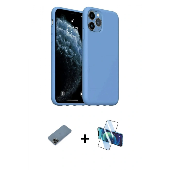 MARSİLYAN™- iPhone 11 Pro Max Kılıf Ahenk Serisi - Siyah 3D Antistatik Cam Ekran Koruyucu + Shine Kamera Lens Koruma Cam - SH