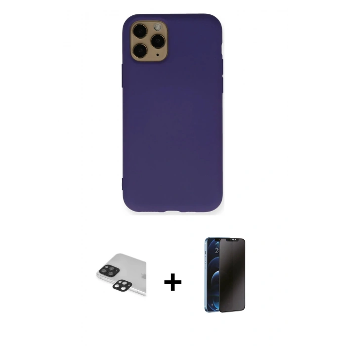 MARSİLYAN™- iPhone 11 Pro Max Kılıf Ahenk Serisi - Siyah 3D Antistatik Hayalet Cam Ekran Koruyucu + Pers Alüminyum Kamera Lens - SH