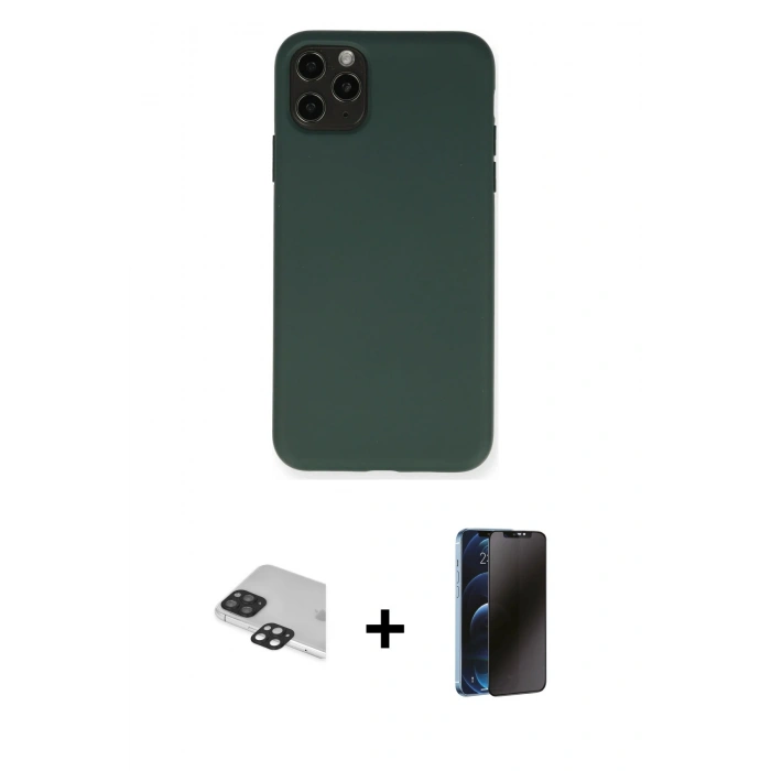 MARSİLYAN™- iPhone 11 Pro Max Kılıf Ahenk Serisi - Siyah 3D Antistatik Hayalet Cam Ekran Koruyucu + Pers Alüminyum Kamera Lens - SH