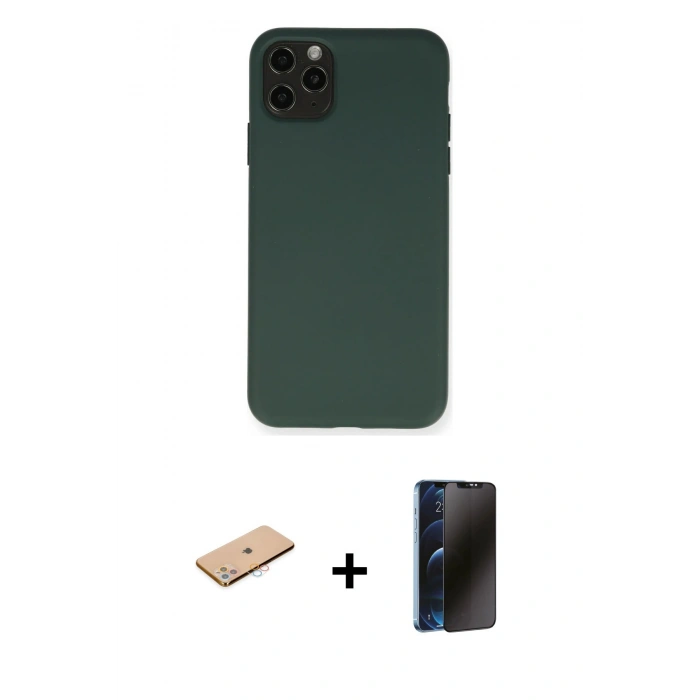 MARSİLYAN™- iPhone 11 Pro Max Kılıf Ahenk Serisi - Siyah 3D Antistatik Hayalet Cam Ekran Koruyucu + Renkli Kamera Lens Koruma Cam - PE